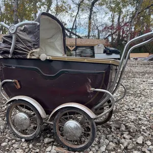 Mid-20th Century Baby Pram Carriage with Metal Frame and Fabric Canopy