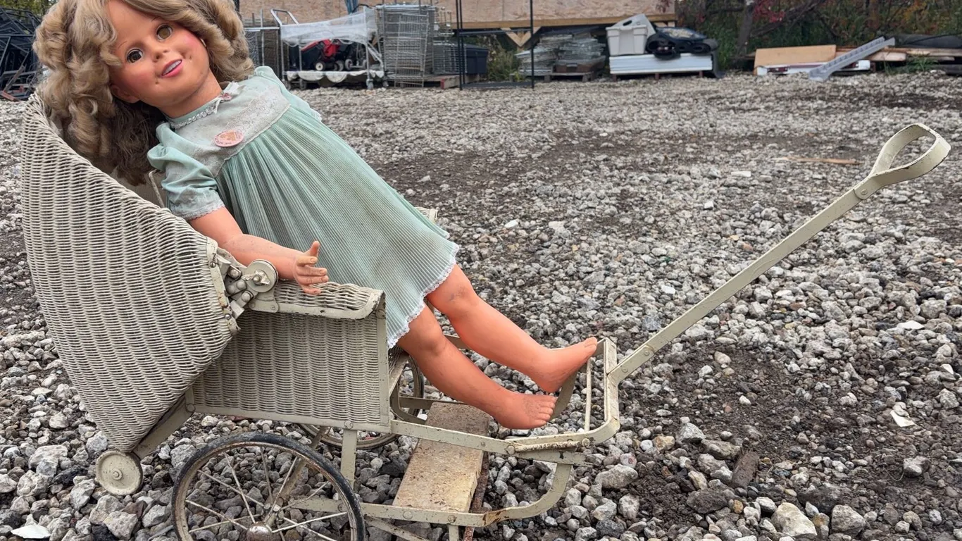Genuine Shirley Temple Doll with Original Dress and Wicker Baby Carriage