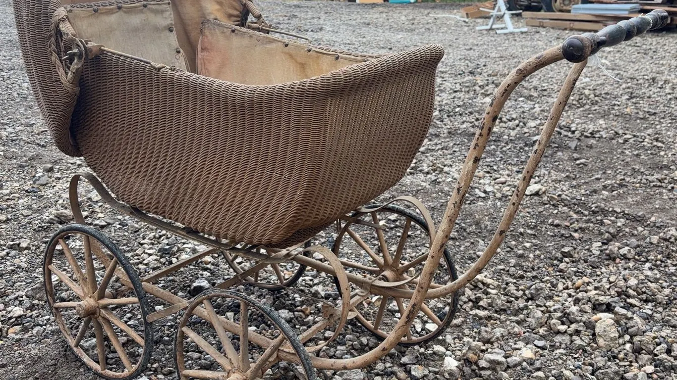 Wicker Baby Carriage with Metal Frame and Four Wheels, Early 20th Century