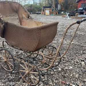 Wicker Baby Carriage with Metal Frame and Four Wheels, Early 20th Century