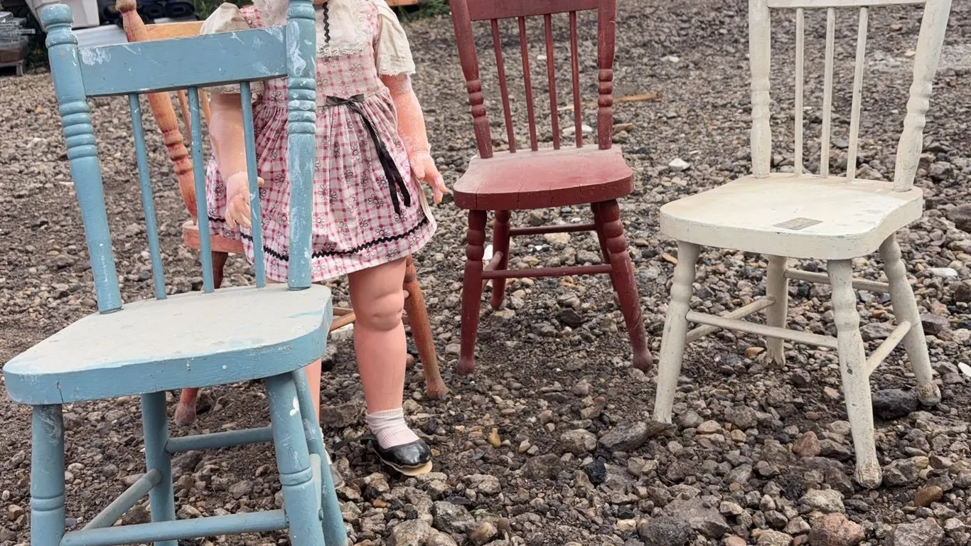 Large Vintage Doll With Pink Plaid Dress And Three Painted Wooden Children's Chairs
