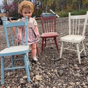 Large Vintage Doll With Pink Plaid Dress And Three Painted Wooden Children's Chairs