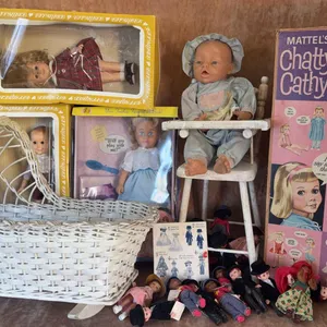 Dolls Lot w/ Mattel Chatty Cathy, Effanbee, Cradle, Mini Dolls, High Chair