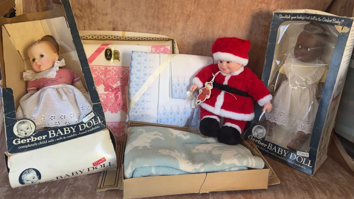 Gerber 17-Inch Baby Dolls, Santa Doll, and Baby Linens in Original Boxes