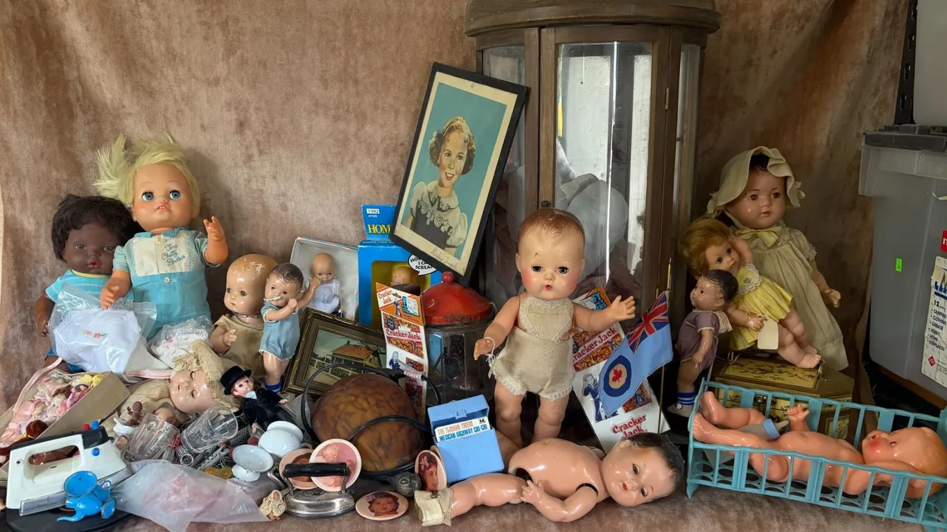 Dolls, Doll Parts, Shirley Temple Print, Doll Cabinet, and Miscellaneous Items Lot