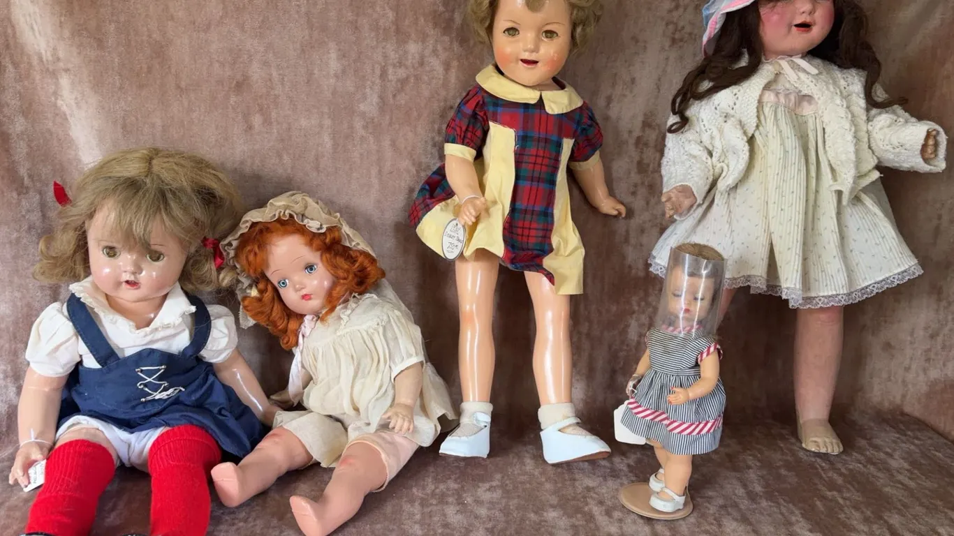 Material Dolls with Vintage Dresses, Lot of 5, Varied Sizes