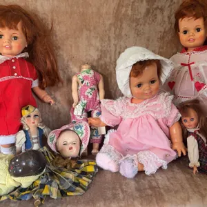 7 Dolls: Hard Plastic, Composition, Bisque, Assorted Outfits, Some Damaged