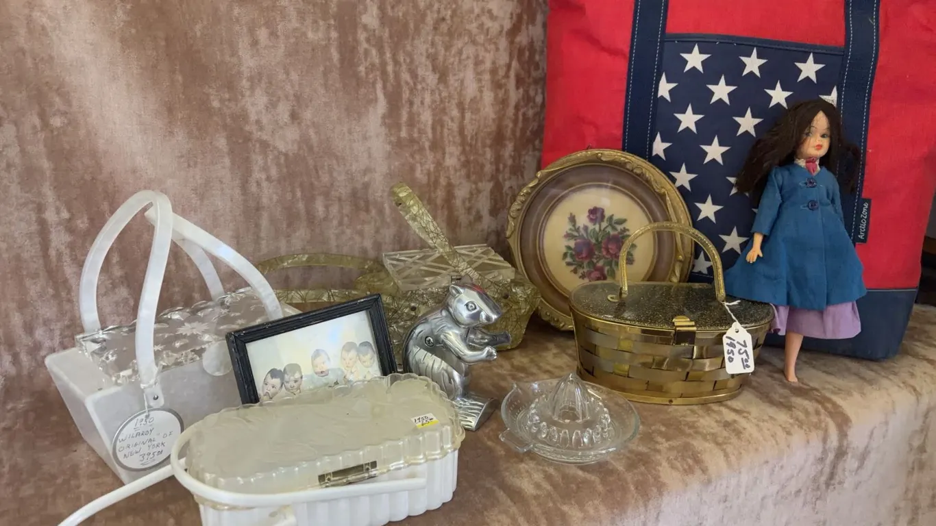 Decorative Lot: Tote, Doll, Metal Basket, Glassware, Figurine, Framed Print