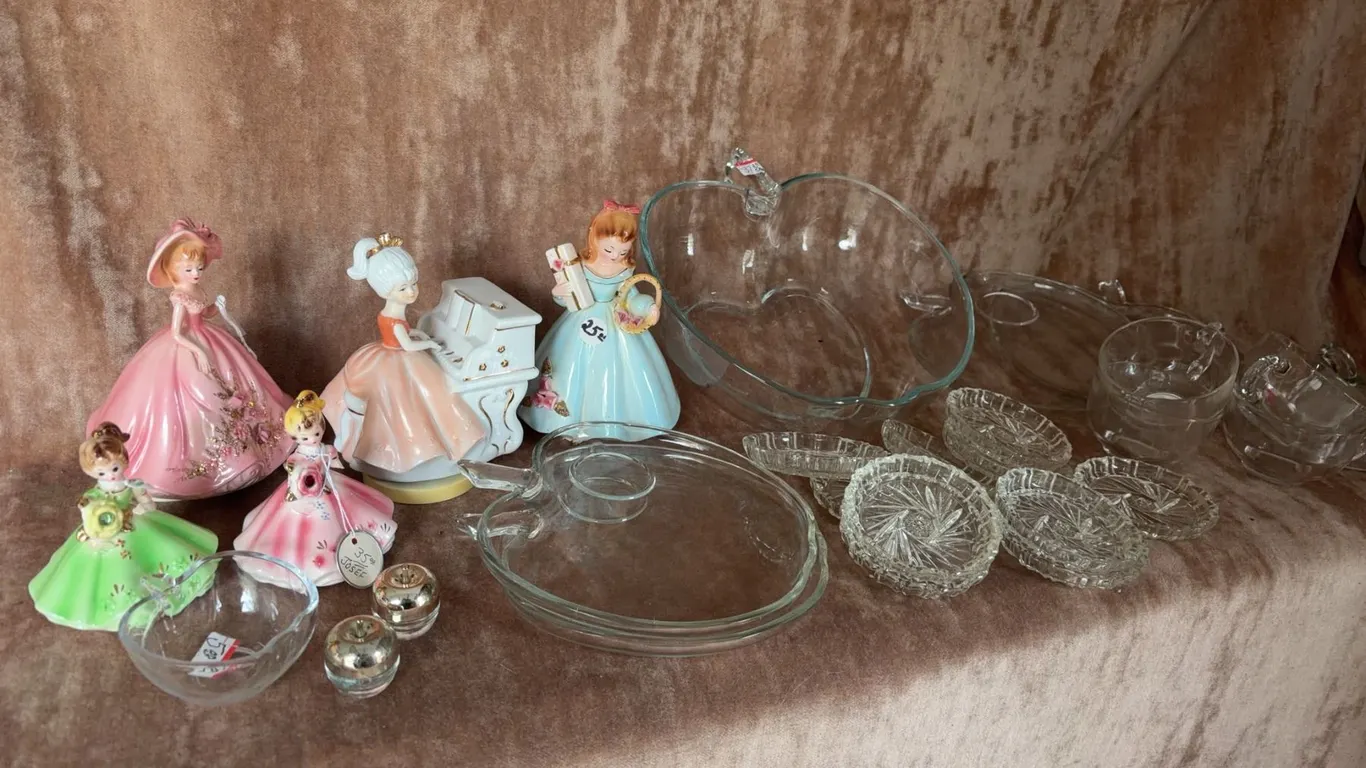Figurine Collection and Assorted Glassware Including Apple-Shaped and Cut-Glass Pieces