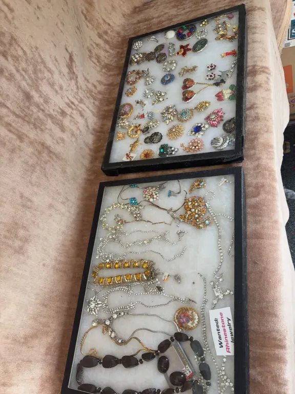 Rhinestone Brooches, Necklaces and Costume Jewelry, Two Trays