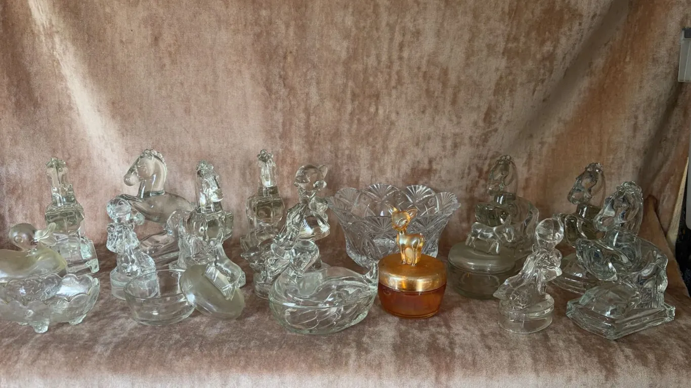 Clear Animal Shaped Glass Trinket Boxes and Bowls, 13 Pieces