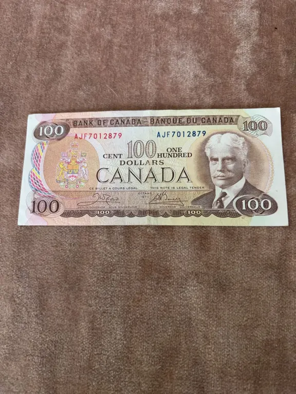 1975 Bank of Canada $100 Bill, Serial AJF7012879, Sir Robert Borden Portrait