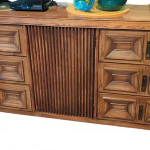 Walnut Wood Sideboard Buffet With Six Drawers And Central Cabinet Doors