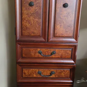 Tall Wooden Cabinet With Burl Front, Four Drawers, Double Doors, And Upper Shelf