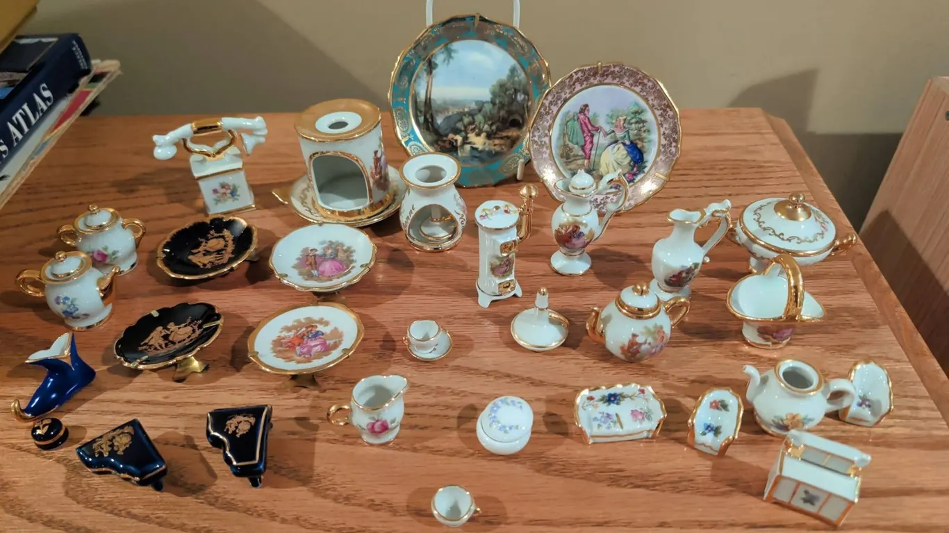 Limoges France Porcelain Miniature Collection, Gilt Trim, Assorted Tea Sets and Plates