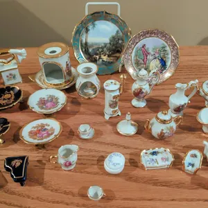 Limoges France Porcelain Miniature Collection, Gilt Trim, Assorted Tea Sets and Plates