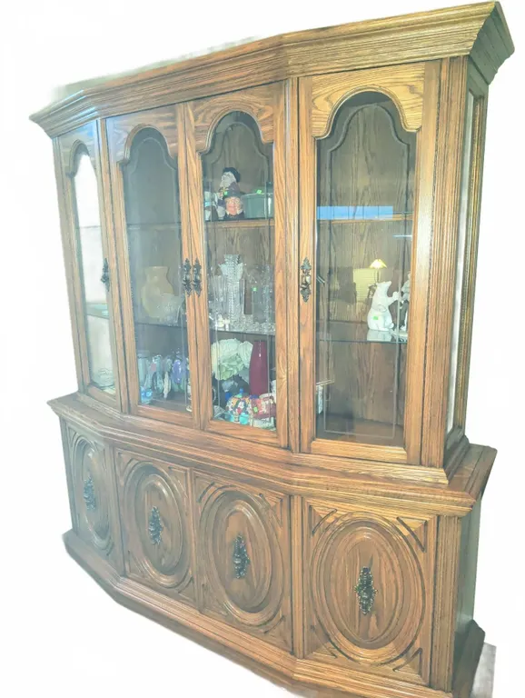 Large Oak China Cabinet With Glass Doors and Shelves, Lower Storage Compartments