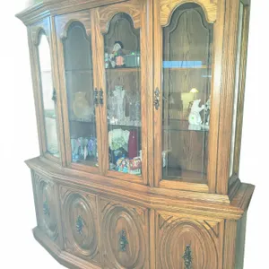 Large Oak China Cabinet With Glass Doors and Shelves, Lower Storage Compartments