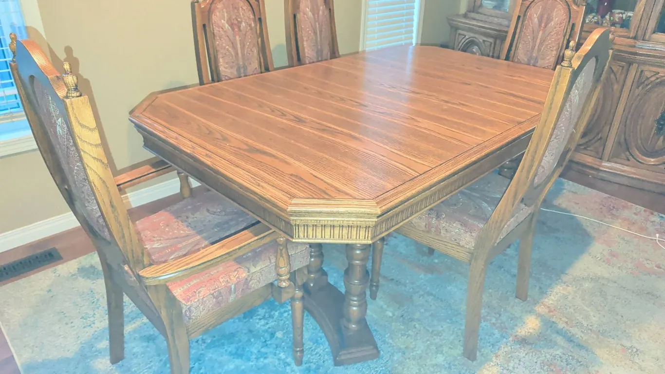 Oak Dining Table With 5 Upholstered High-Back Chairs, Two Armchairs Included