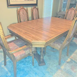 Oak Dining Table With 5 Upholstered High-Back Chairs, Two Armchairs Included