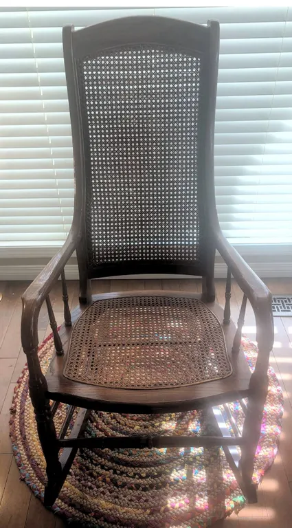 Wooden Rocking Chair with Caned Back and Seat