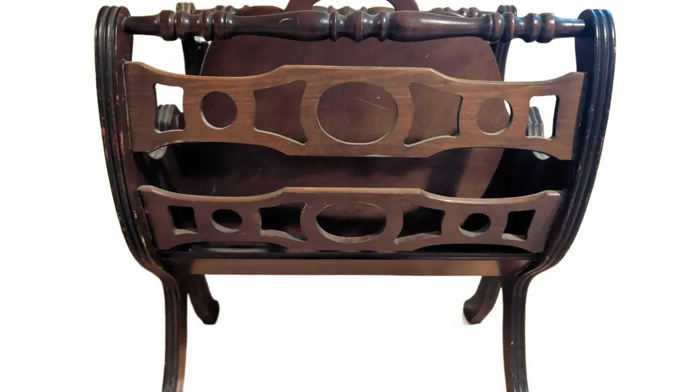 Wooden Magazine Rack with Decorative Side Panels and Turned Handle