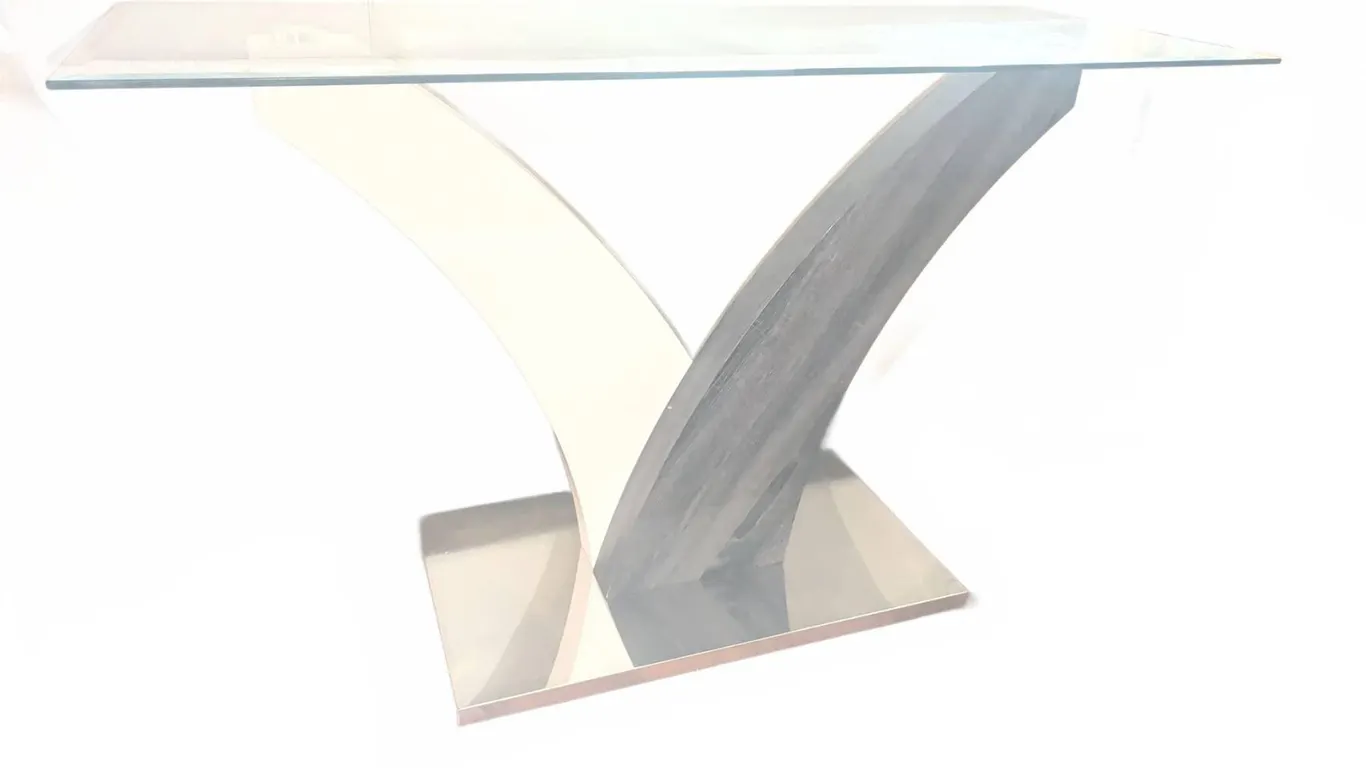 Glass Top Console Table with Curved Wood and Metal Base