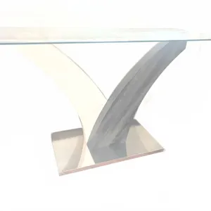 Glass Top Console Table with Curved Wood and Metal Base
