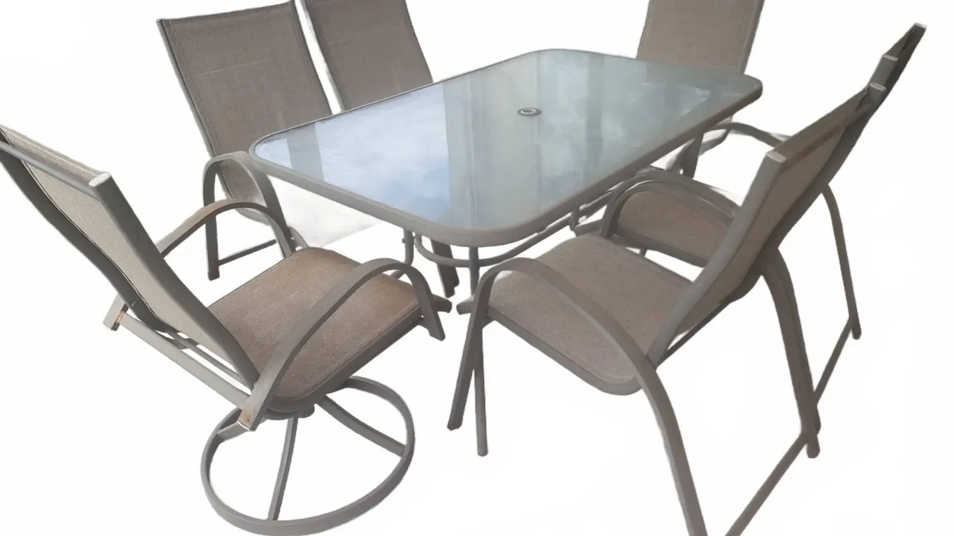 Outdoor Patio Set With Glass Table And Six Mesh Chairs
