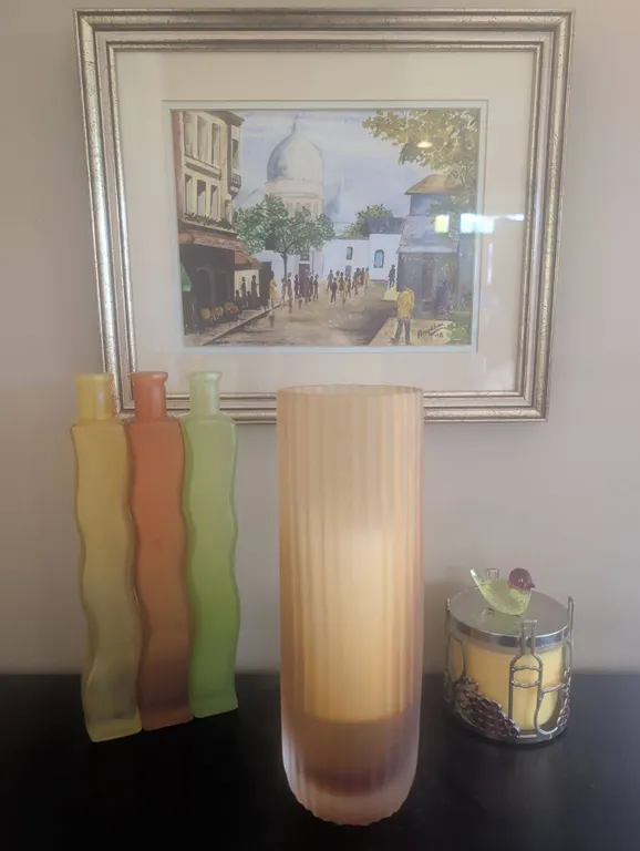 Decorative Lot: Framed Signed Print, Frosted Glassware, Candle Holder, Crystal Bird