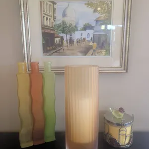 Decorative Lot: Framed Signed Print, Frosted Glassware, Candle Holder, Crystal Bird
