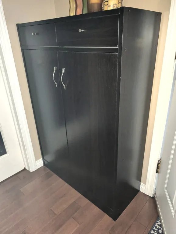 Dark Brown Laminate Storage Cabinet with Double Drawers and Shelves
