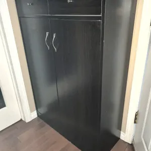 Dark Brown Laminate Storage Cabinet with Double Drawers and Shelves