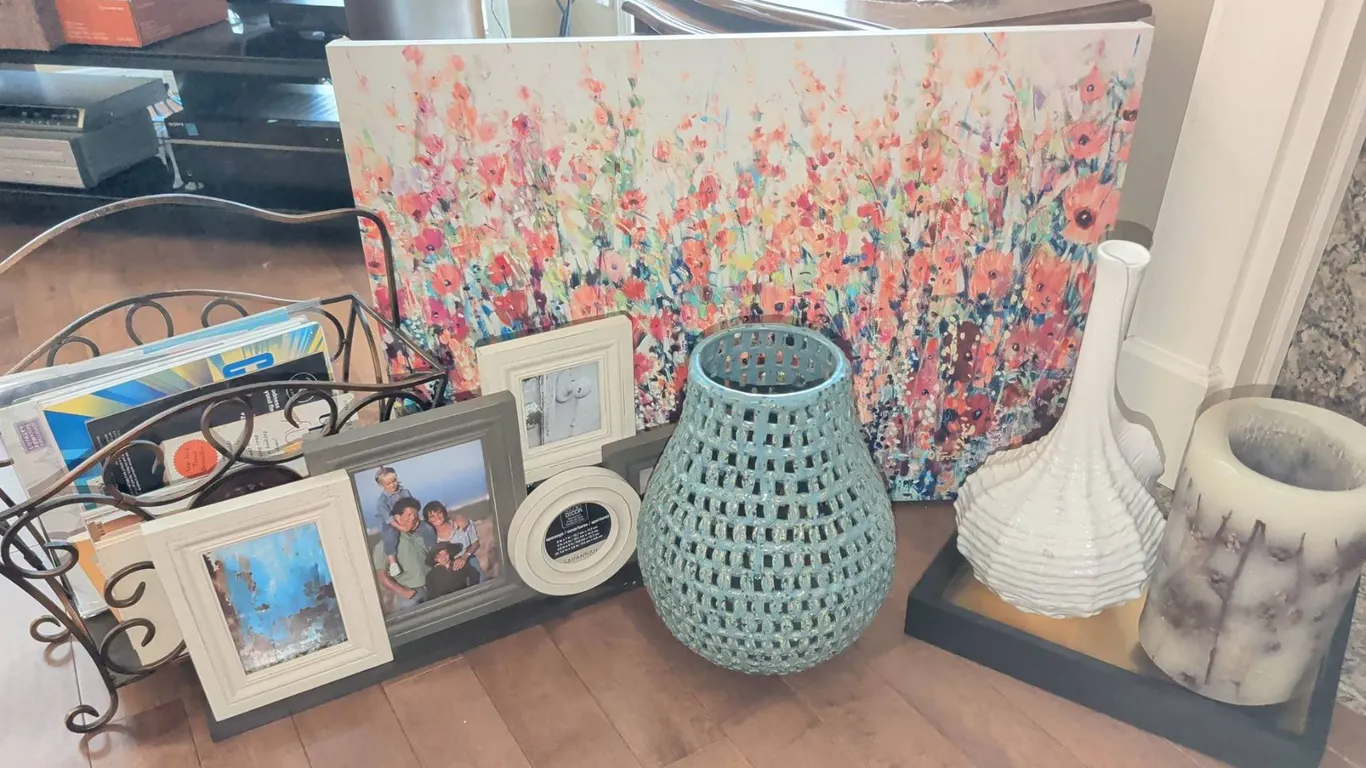 Decor Lot: Woven Vase, Art Print, Frames, Metal Magazine Rack, Candles, Books