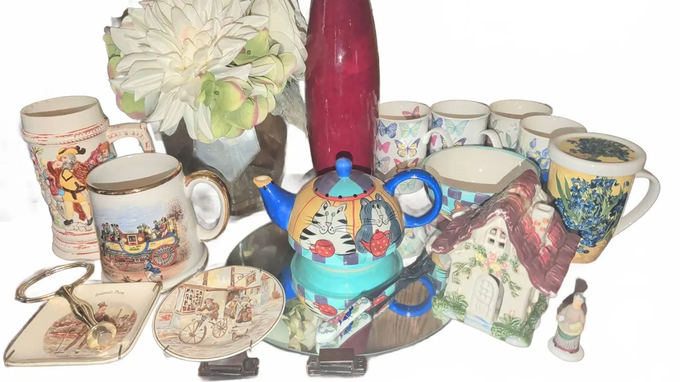 Decorative Mugs, Plates, 'Catzilla' Teapot, Cottage Jar, Vase and Faux Flowers