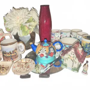 Decorative Mugs, Plates, 'Catzilla' Teapot, Cottage Jar, Vase and Faux Flowers
