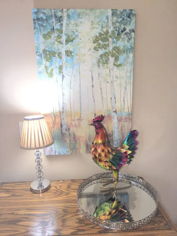 Media Decor Group with Table Lamp, Rooster Figurine, Mirror Tray, Canvas Art