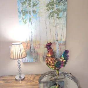 Media Decor Group with Table Lamp, Rooster Figurine, Mirror Tray, Canvas Art