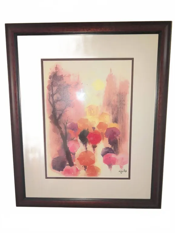 Framed Watercolour Print of Umbrellas in Cityscape, Signed Lower Right