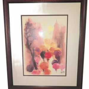 Framed Watercolour Print of Umbrellas in Cityscape, Signed Lower Right