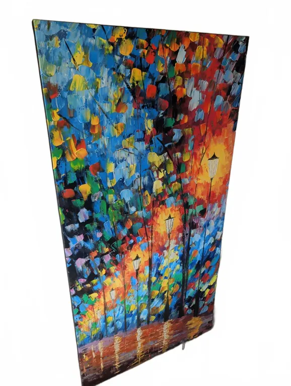 Impasto Oil Painting on Canvas with Colourful Trees and Lamp Posts