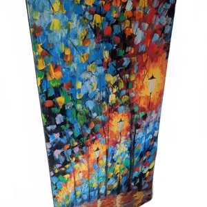 Impasto Oil Painting on Canvas with Colourful Trees and Lamp Posts