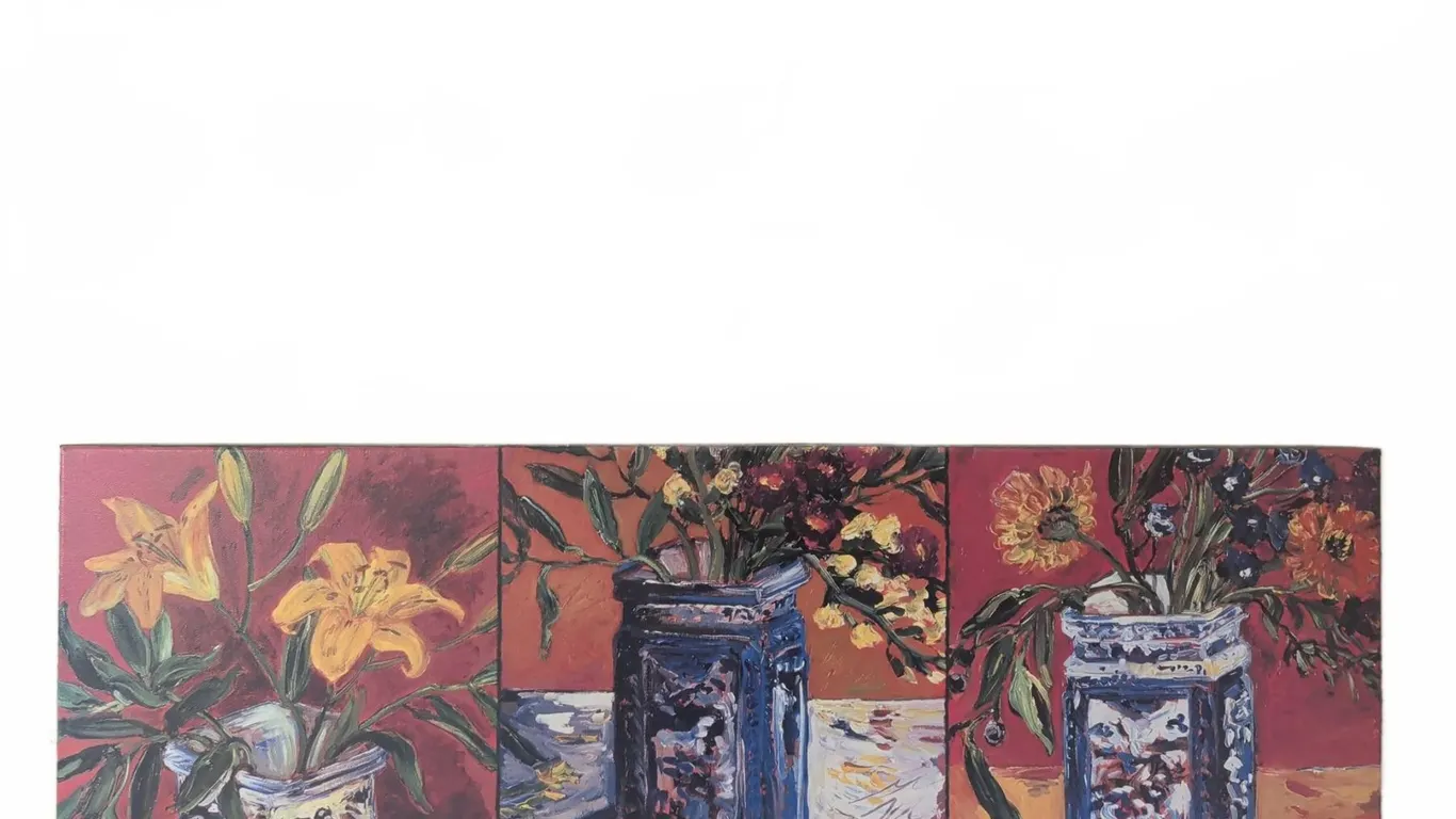 Triptych Still Life Painting With Flowers in Blue Vases, Signed BB 04
