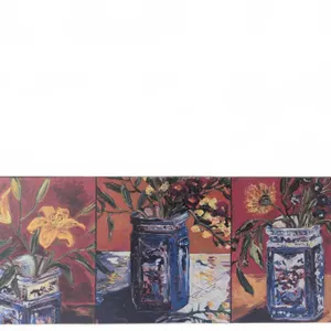 Triptych Still Life Painting With Flowers in Blue Vases, Signed BB 04