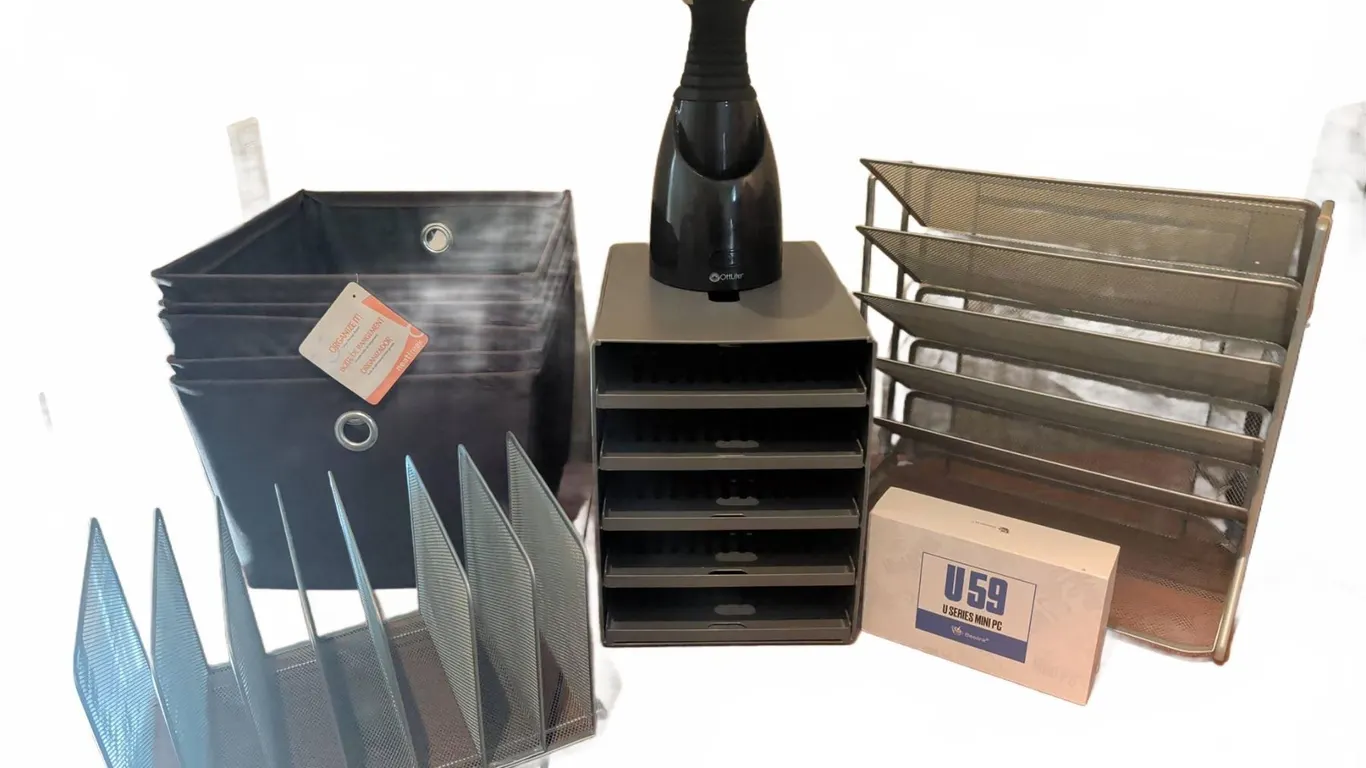 Office Desk Organizer Lot with File Holders, Onlite Desk Lamp, Beelink U59 Mini PC Box