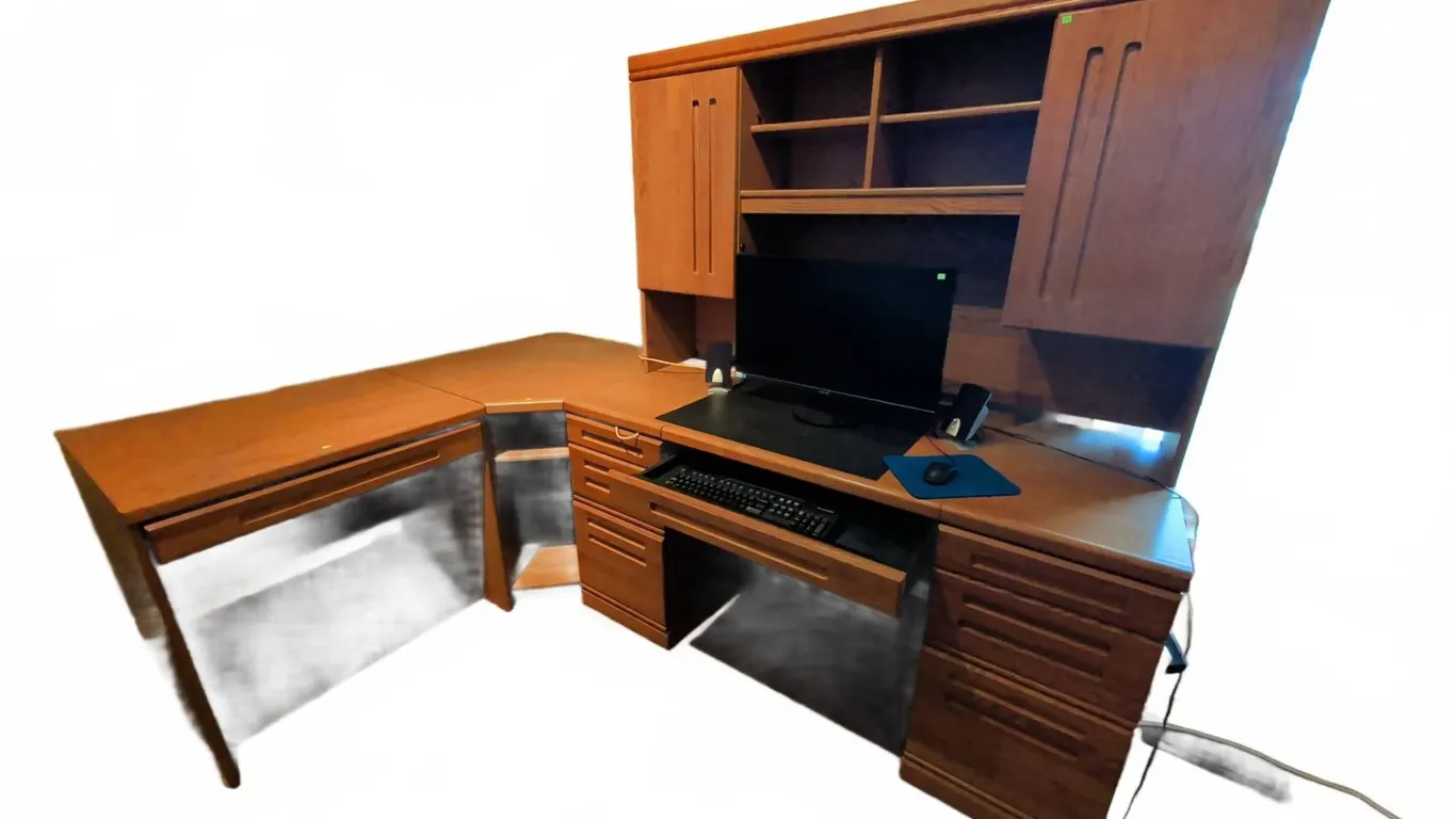 Asus Computer Monitor, Keyboard, Mouse, Speakers, and L-Shaped Oak Desk Set