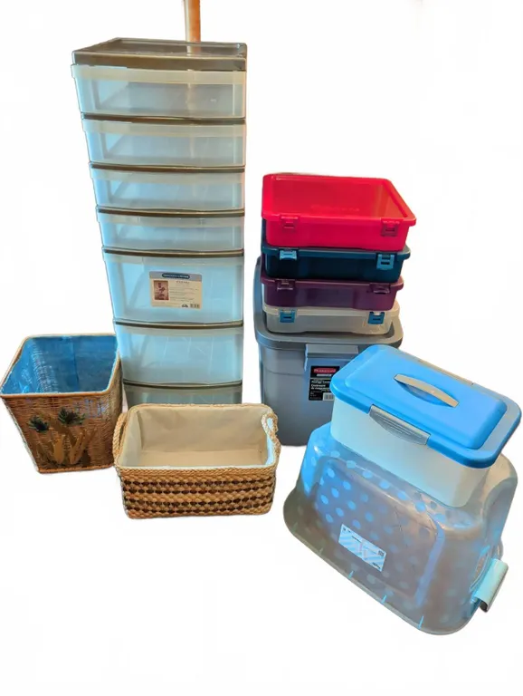 Plastic Storage Bins and Drawers with Assorted Wicker Baskets and Totes