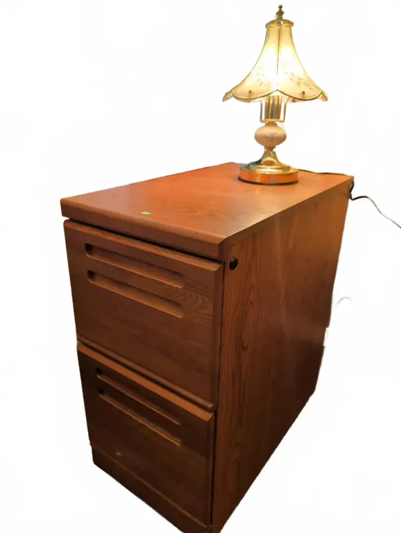 Wooden Two-Drawer File Cabinet with Glass Table Lamp Floral Shade