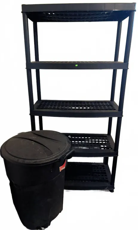 Rubbermaid Roughneck 32 Gallon Wheeled Trash Bin and Black Plastic Shelving Unit