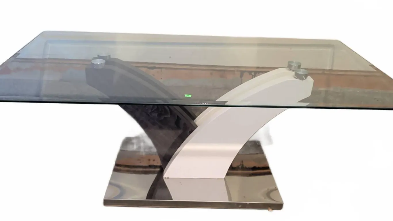 Glass Coffee Table with Black and White Curved Base and Rectangular Metal Platform